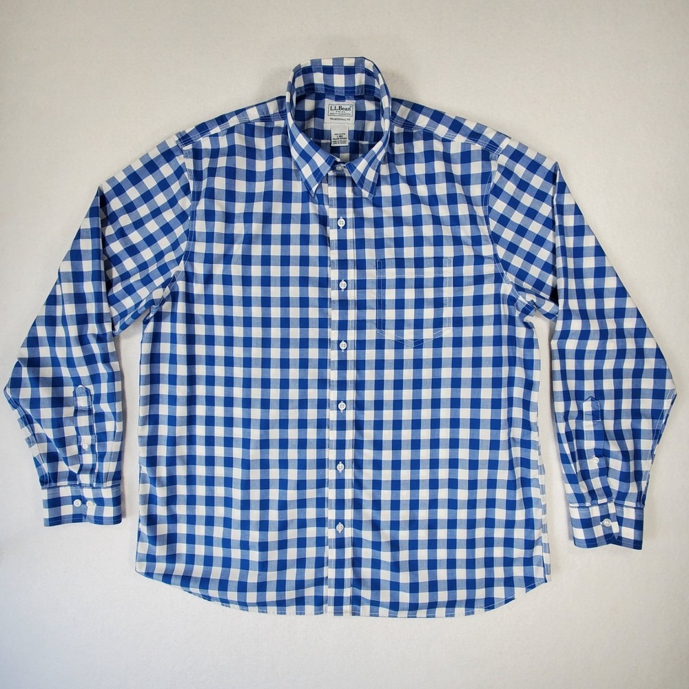 LL Bean Button Down Shirt Mens‎ Large Blue White Gingham Plaid Cotton